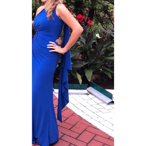 One Shoulder Beaded Brooch Draped Formal Gown - Picture 3 of 16